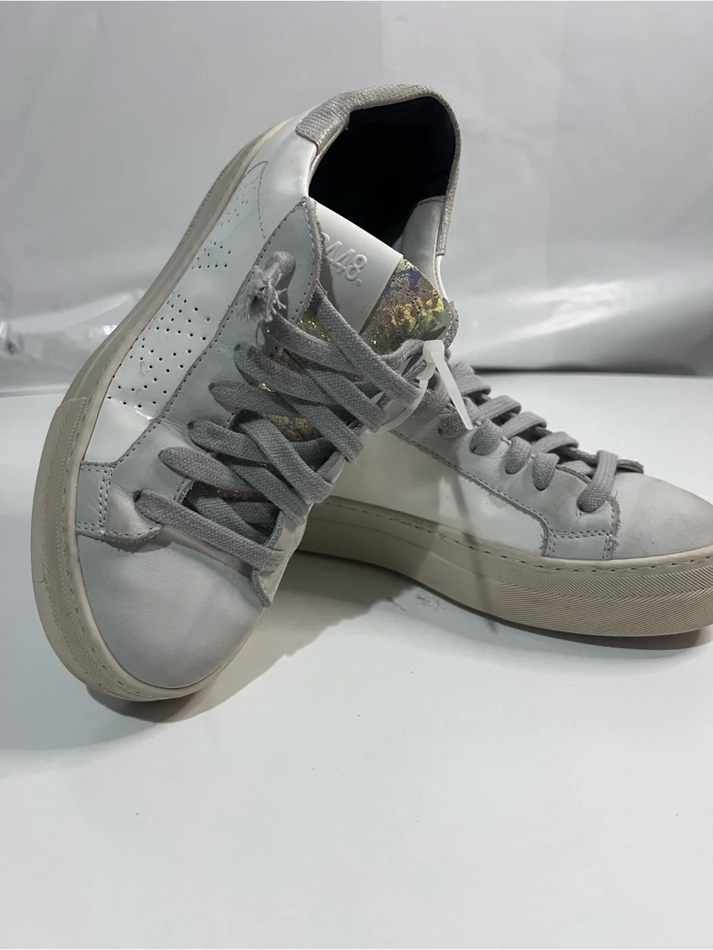 P448 John White Leather Low Top Sneakers Holographic Details Made In Italy
